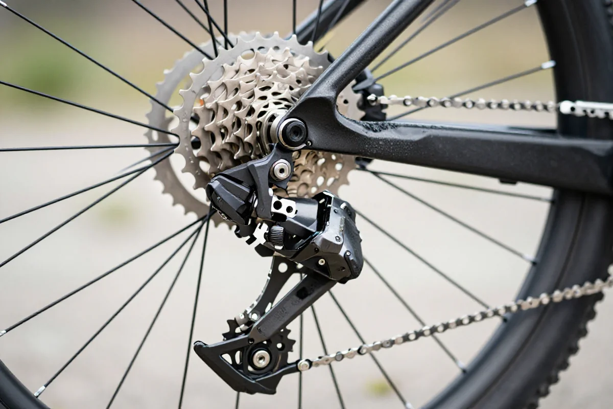 Zbliżenie nowoczesnej przerzutki rowerowej MTB z największą zębatką kasety.