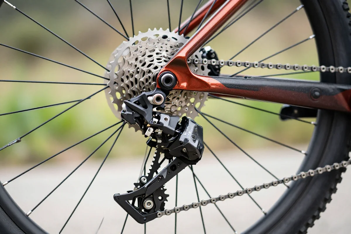 Przeskakująca przerzutka górskiego roweru i łańcuch w bliskim planie.