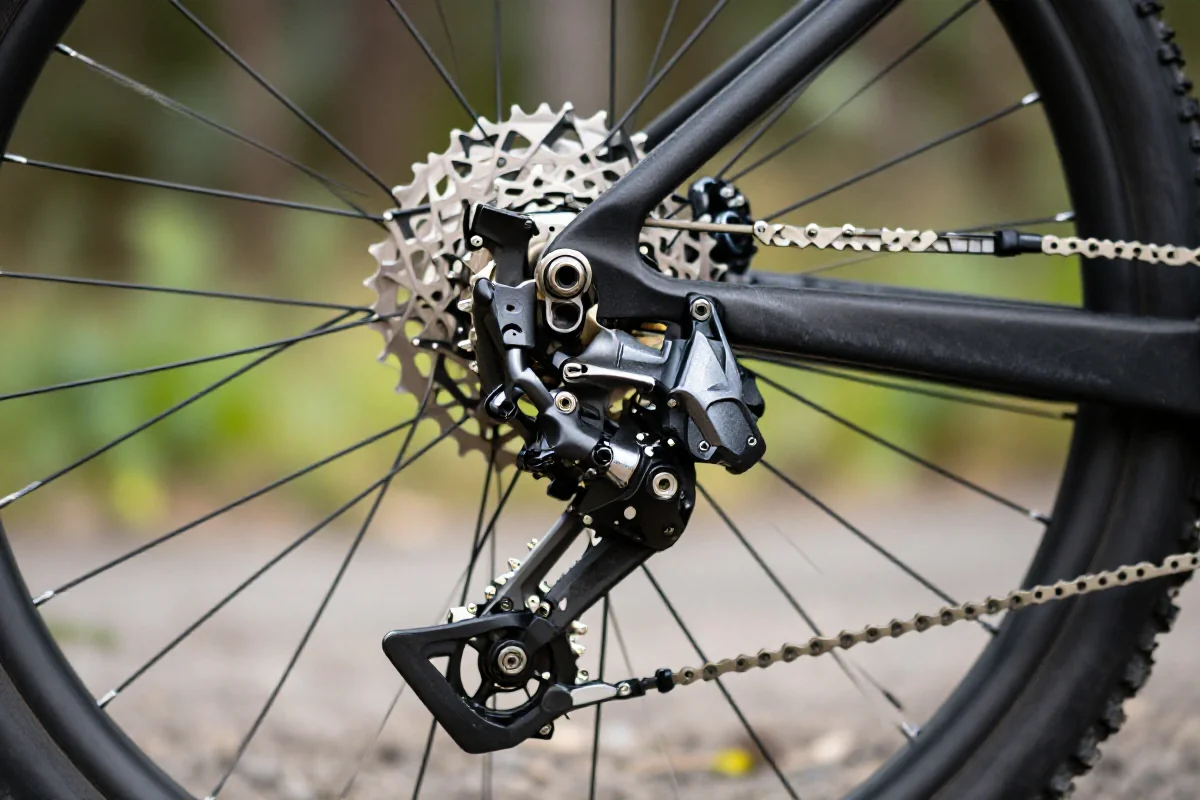 Nowoczesna przerzutka MTB z detalami konstrukcyjnymi, idealna do górskich rowerów.