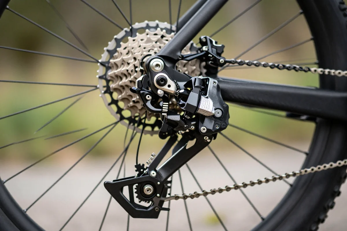 Zbliżenie na przerzutkę tylną MTB z widocznymi detalami i mechanizmem clutch.