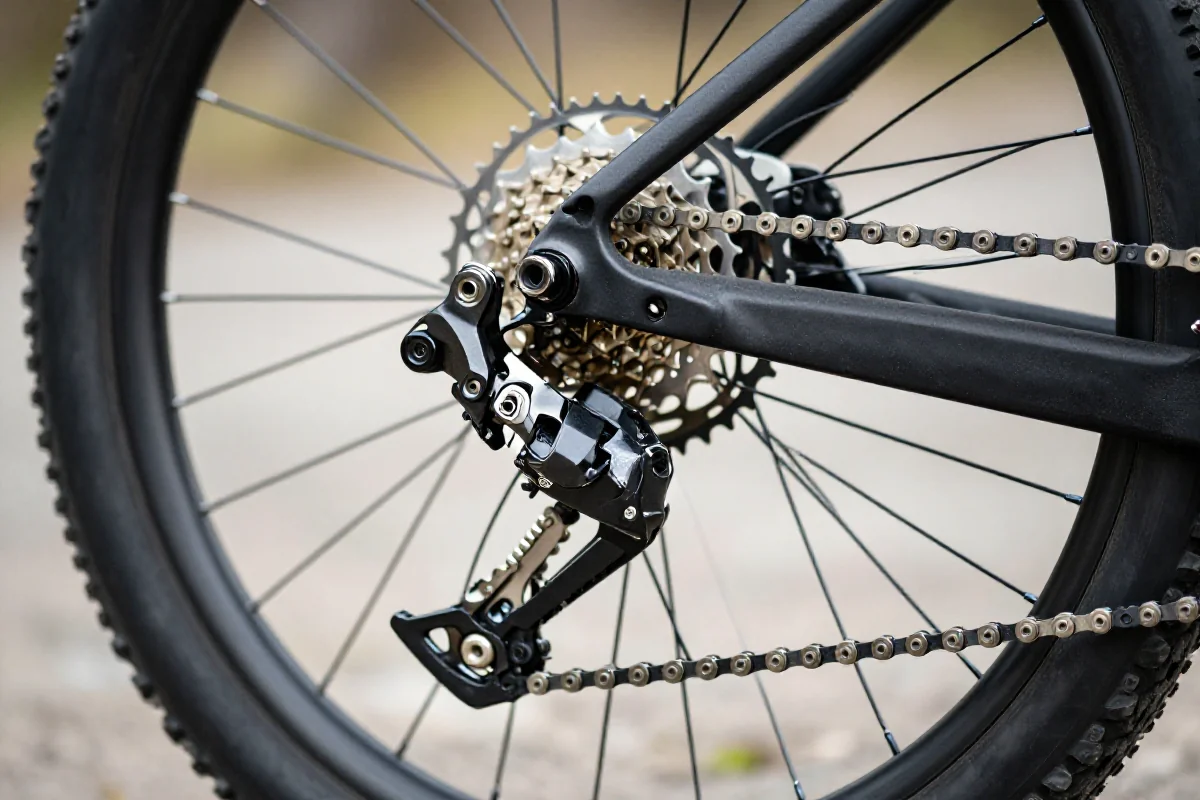 Zbliżenie na przerzutkę przednią typu clamp w rowerze MTB.