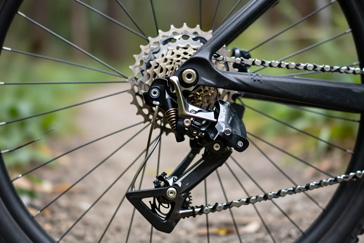 Zbliżenie na przerzutkę tylną MTB typu short cage na tle leśnej ścieżki.