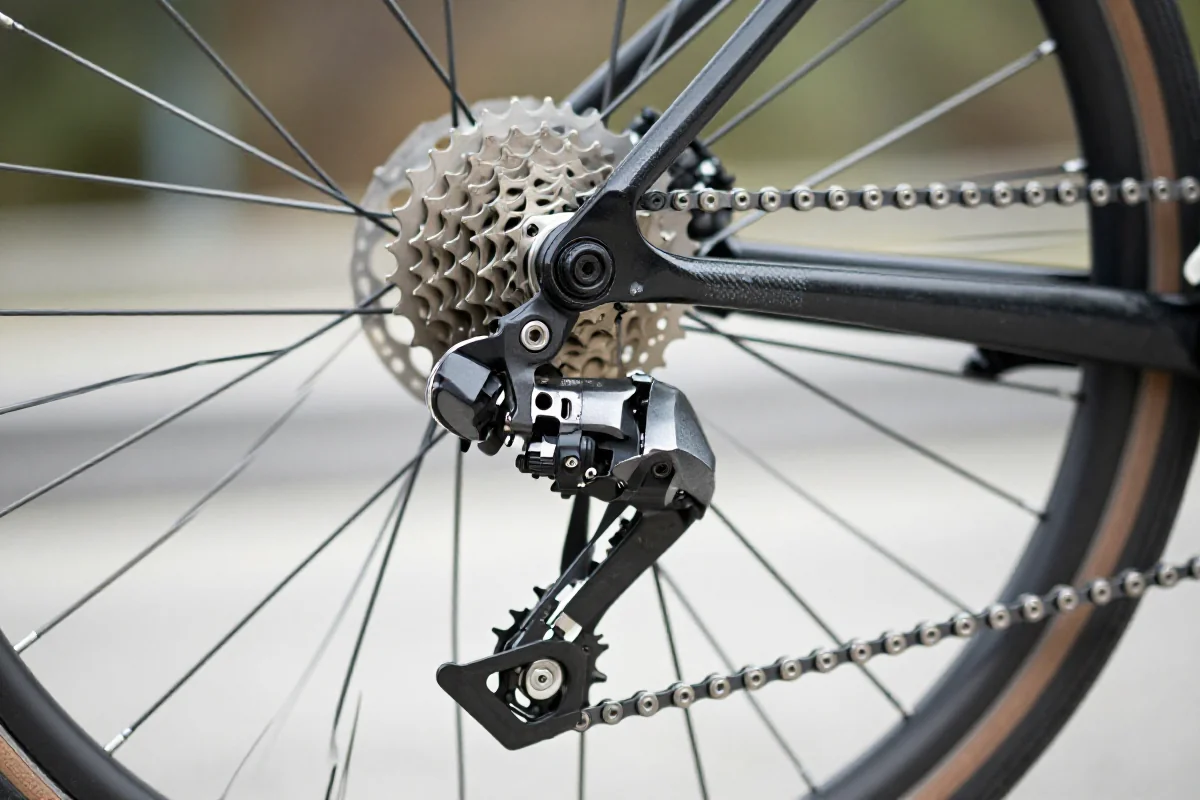 Zbliżenie na przerzutkę rowerową, kluczowy element napędu roweru szosowego.