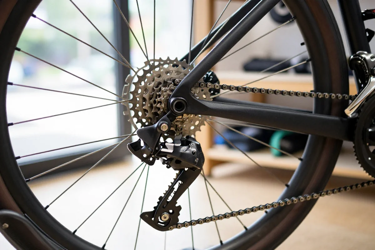 Widok na układ napędowy roweru z zębatkami i łańcuchem.