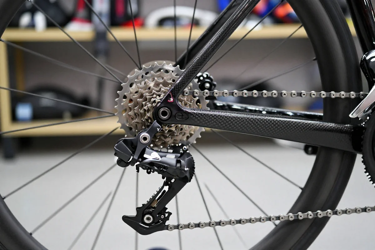 Widok na napęd roweru szosowego z detalami przerzutek i kasety.