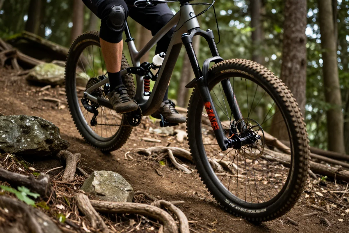 Rower górski pokonujący przeszkody techniczne na stromej trasie w lesie.