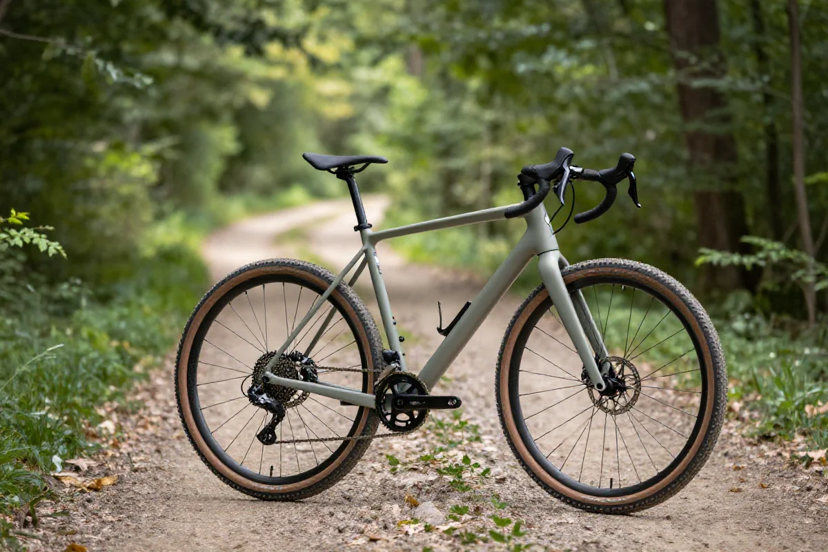 Rower gravelowy na szutrowej trasie w lesie, idealny do bikepackingu.