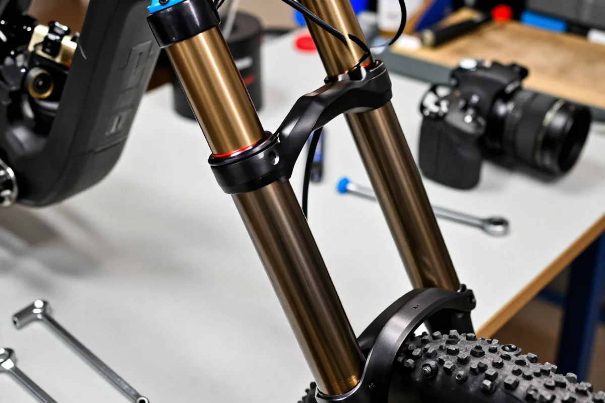 Amortyzatory MTB na stole warsztatowym, narzędzia do konserwacji roweru.