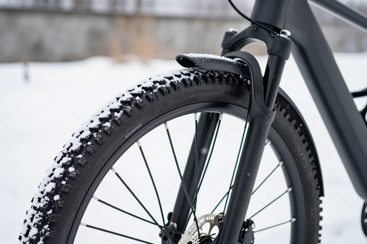 Zimowe opony roweru elektrycznego na tle padającego śniegu