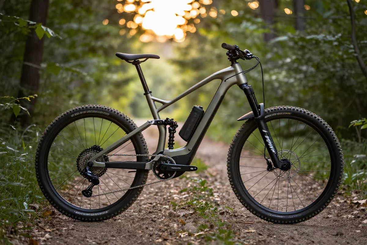 Elektryczny rower górski na leśnym szlaku, idealny do biwakowania.