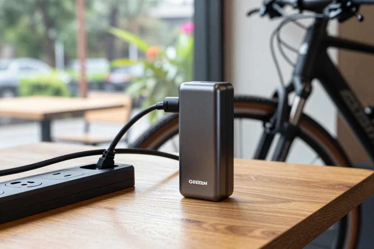 Akumulator e-bike ładowany w kawiarni podczas jednodniowej wycieczki.