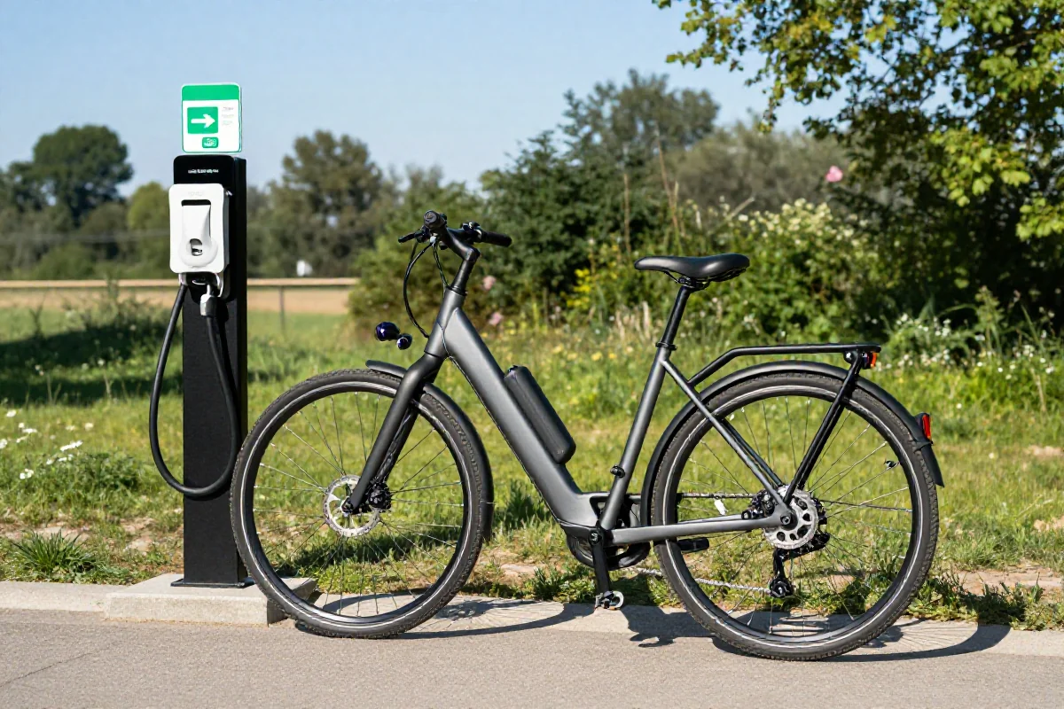 Rower elektryczny przy stacji ładowania na Wiślanej Trasie Rowerowej.