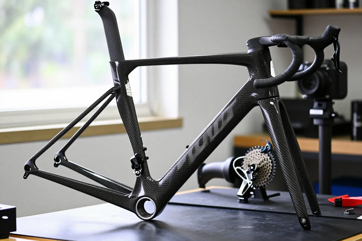 Zbliżenie na ramę roweru szosowego z włókna węglowego w warsztacie