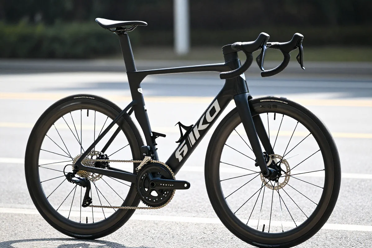 Szybki rower szosowy z aerodynamiczną ramą na słonecznej drodze.