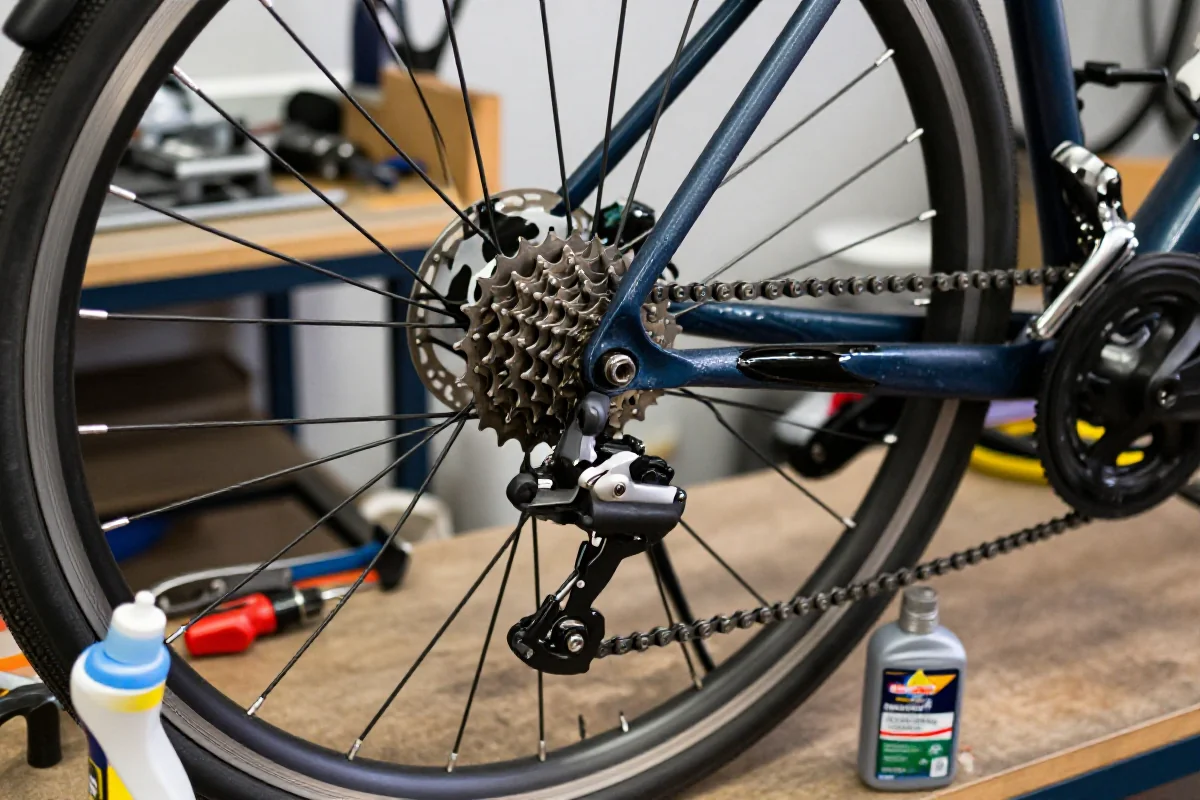 Smarowanie łańcucha roweru miejskiego w warsztacie rowerowym.