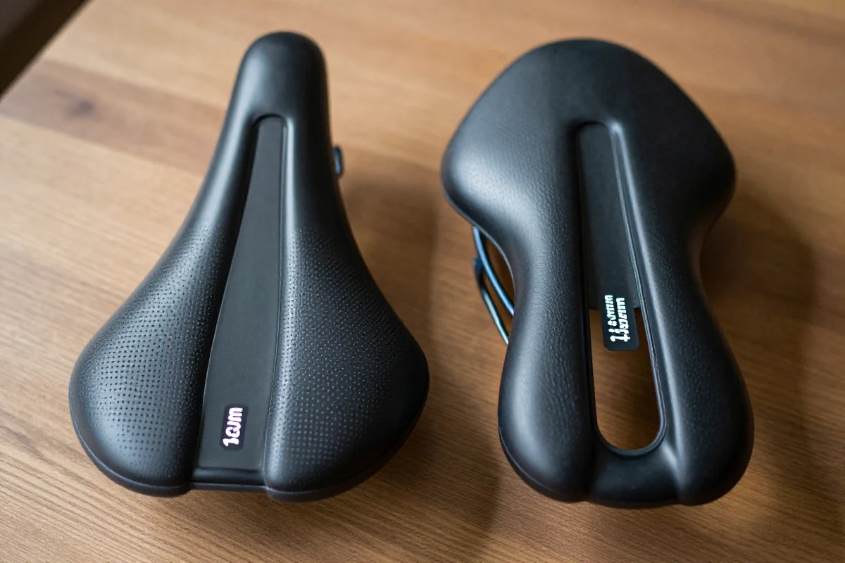 Porównanie siodełek rowerowych 130mm i 143mm na drewnianym stole.
