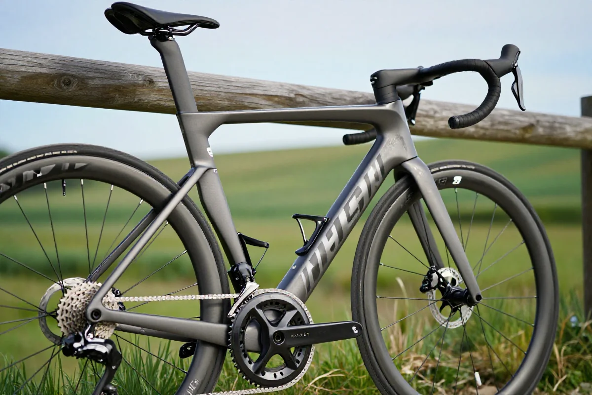 Nowoczesny rower szosowy oparty o ogrodzenie, z detalami konstrukcyjnymi.