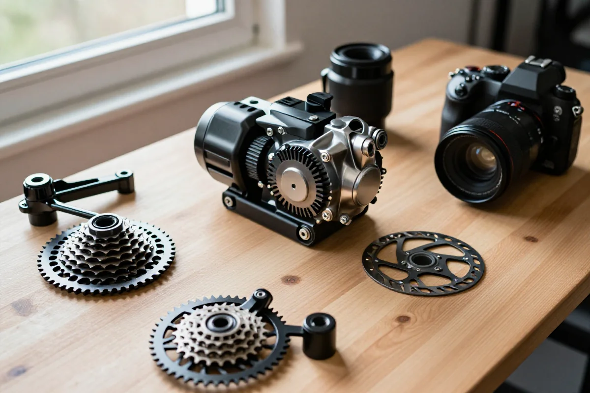 Różne części mechaniczne do e-bike, w tym silnik i hamulce tarczowe.