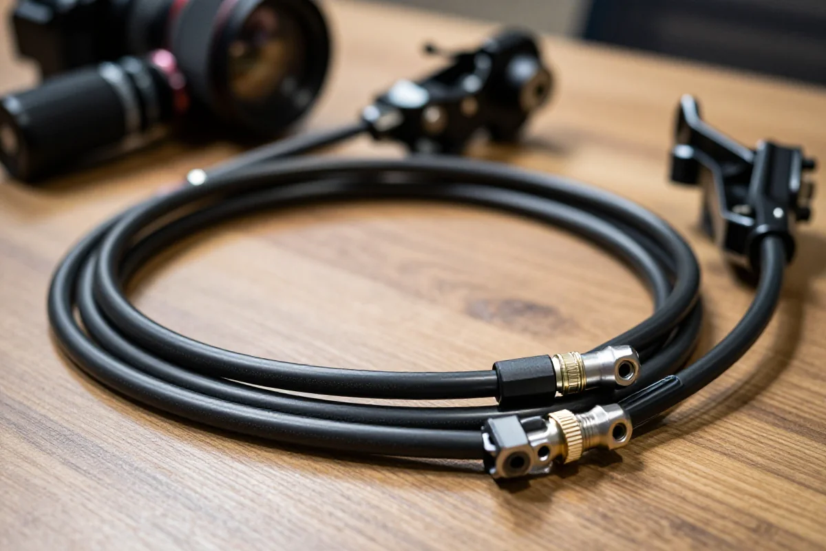 Przewody hydrauliczne i osprzęt hamulcowy MTB na drewnianym stole.