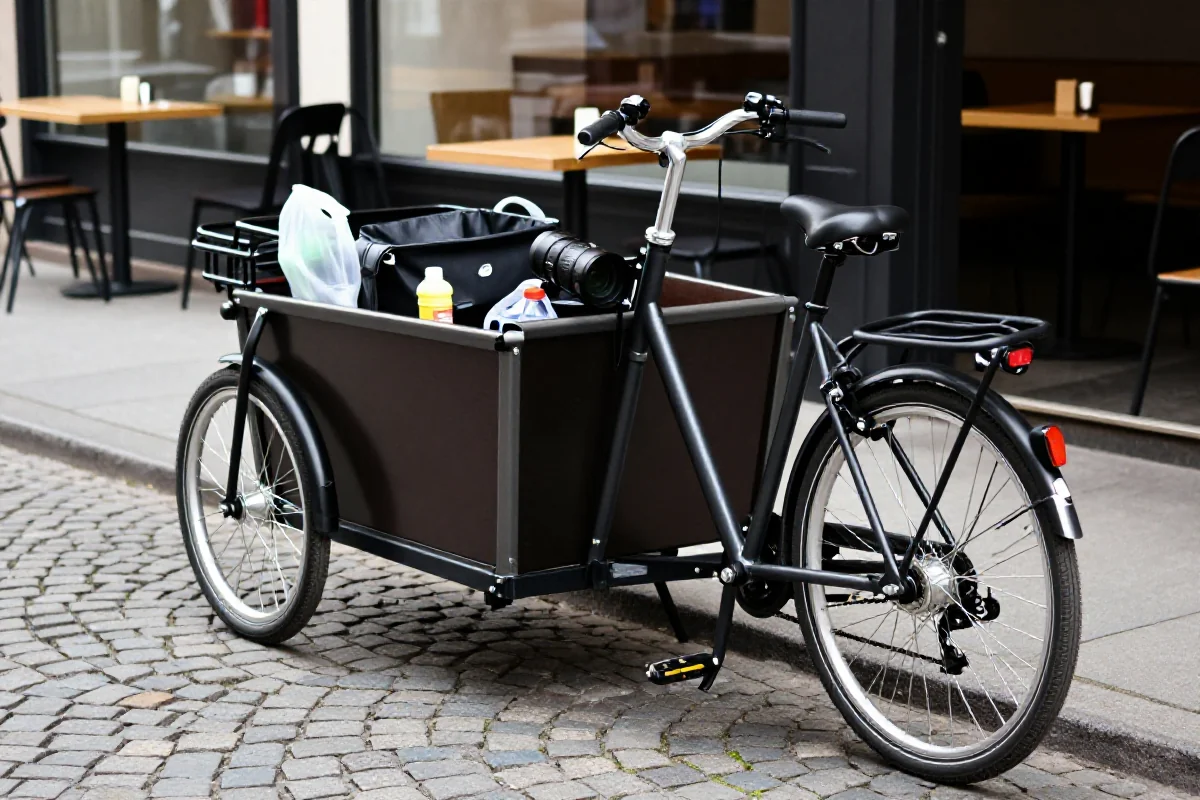 Rower cargo z koszem w miejskim otoczeniu, idealny do transportu ładunków.