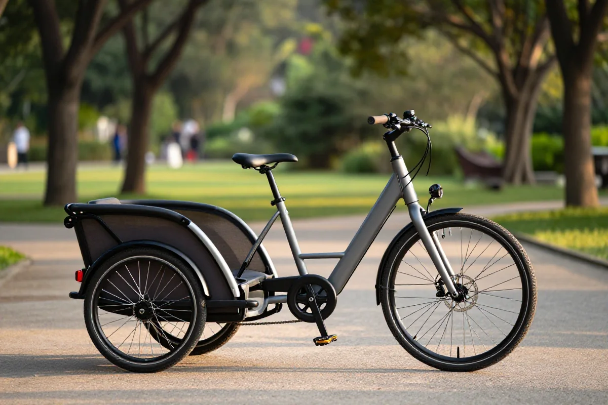 Nowoczesny rower elektryczny z fotelikiem i przyczepką dla dzieci w parku