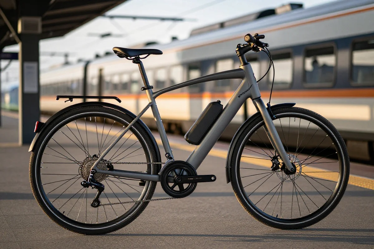 Nowoczesny rower elektryczny na stacji kolejowej, idealny do przewozu e-bike'ów.