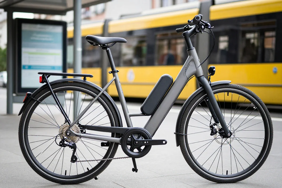 Nowoczesny e-bike przy przystanku komunikacji miejskiej w Warszawie.