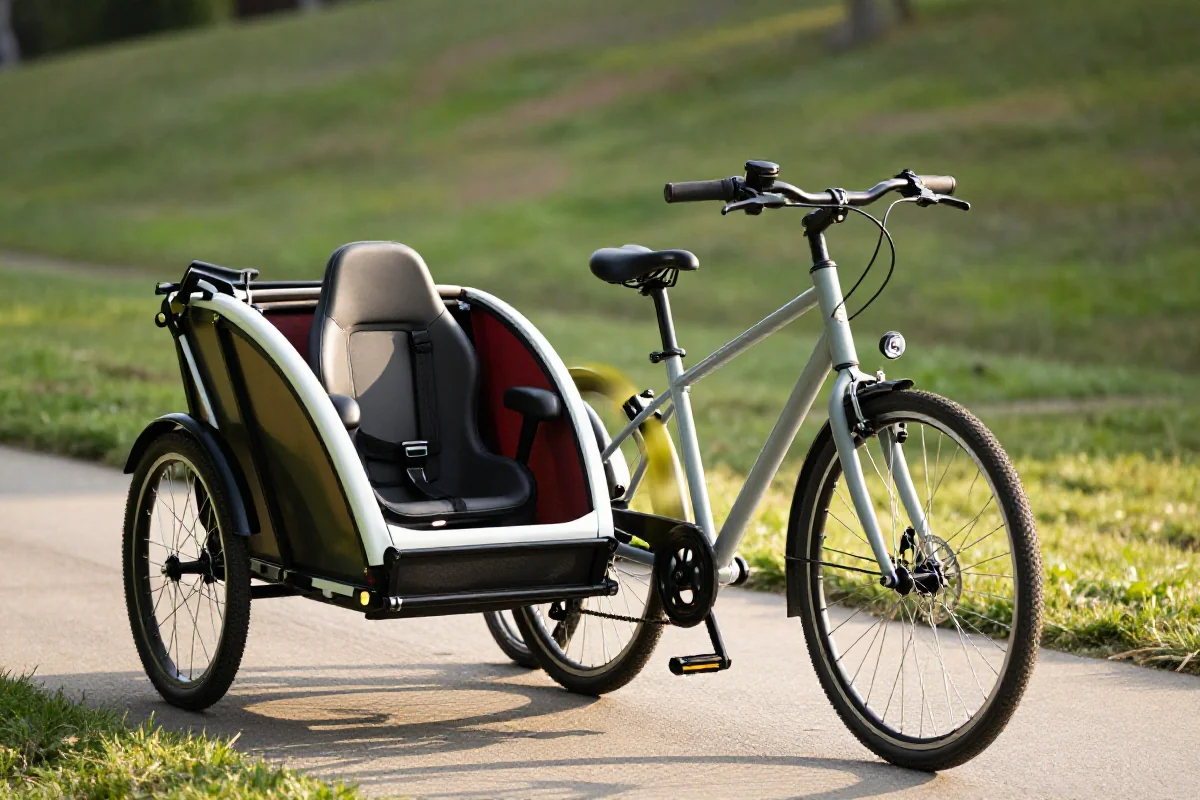 Rower z fotelikiem dziecięcym i przyczepą na ścieżce rowerowej
