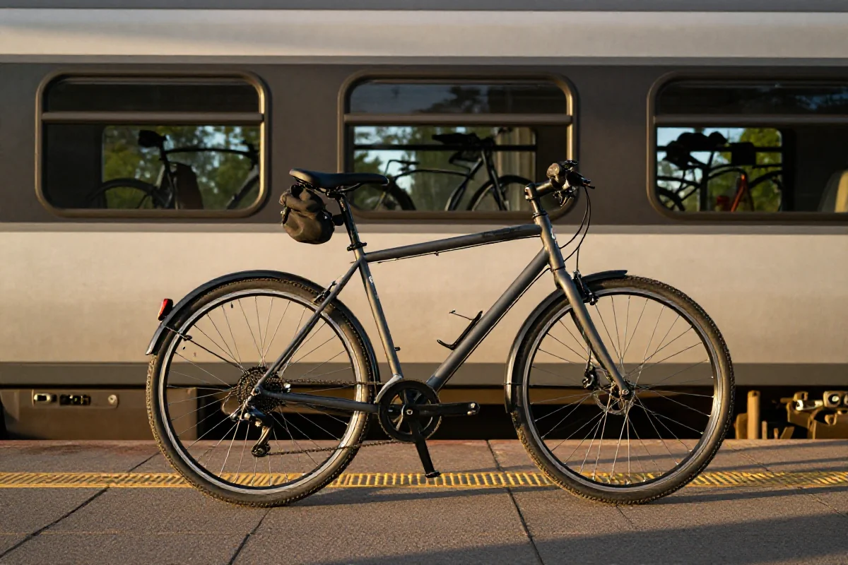 Rower turystyczny na stacji kolejowej, idealny do przewozu pociągiem.