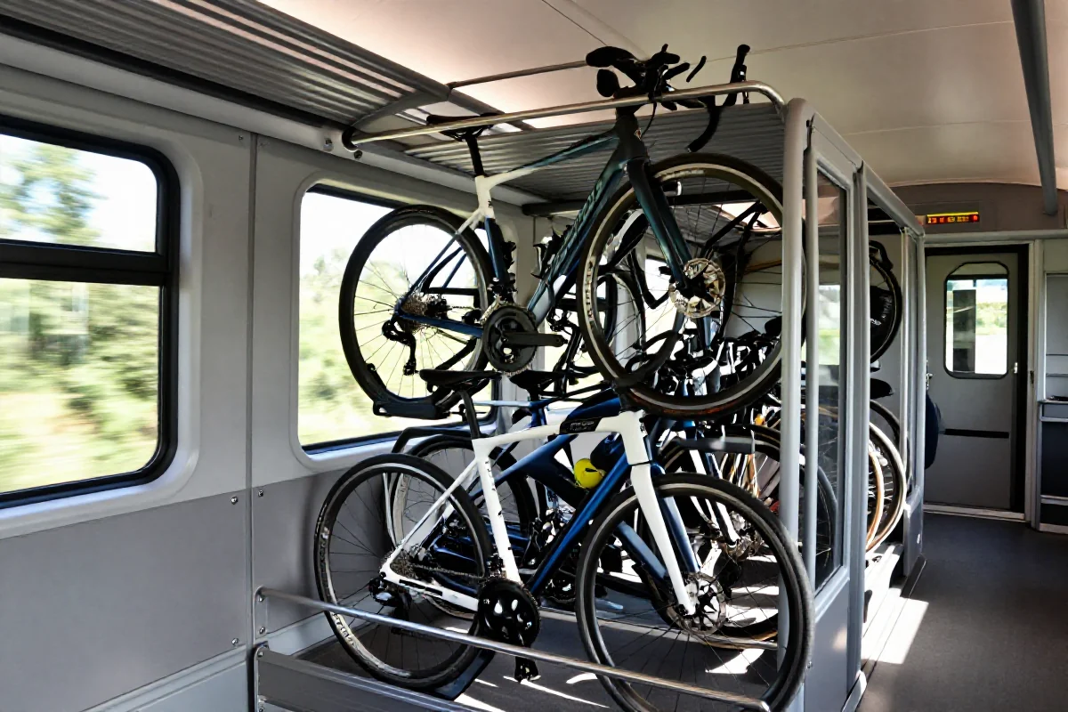 Wnętrze wagonu pociągu z rowerami, transport rowerów pociągiem w Polsce