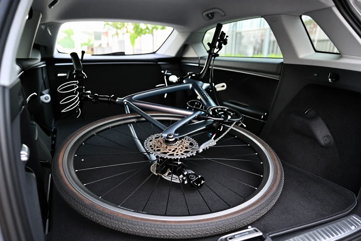Rower transportowany wewnątrz samochodu, zdemontowane przednie koło.