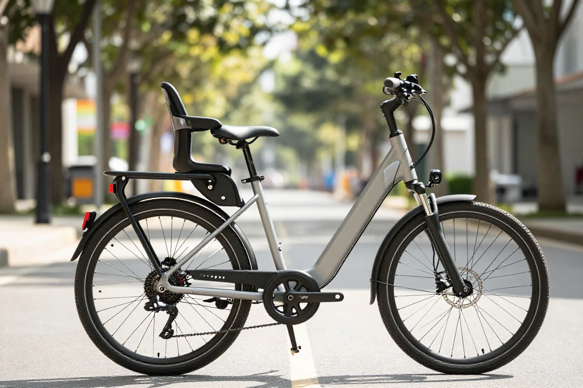 E-bike z fotelikiem dziecięcym w miejskim otoczeniu, idealny do przewożenia dzieci.