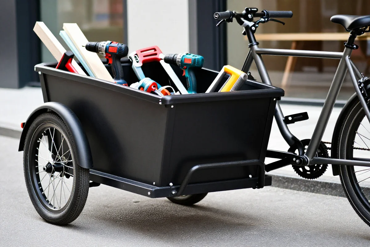 Cargo bike z narzędziami budowlanymi w miejskim otoczeniu.