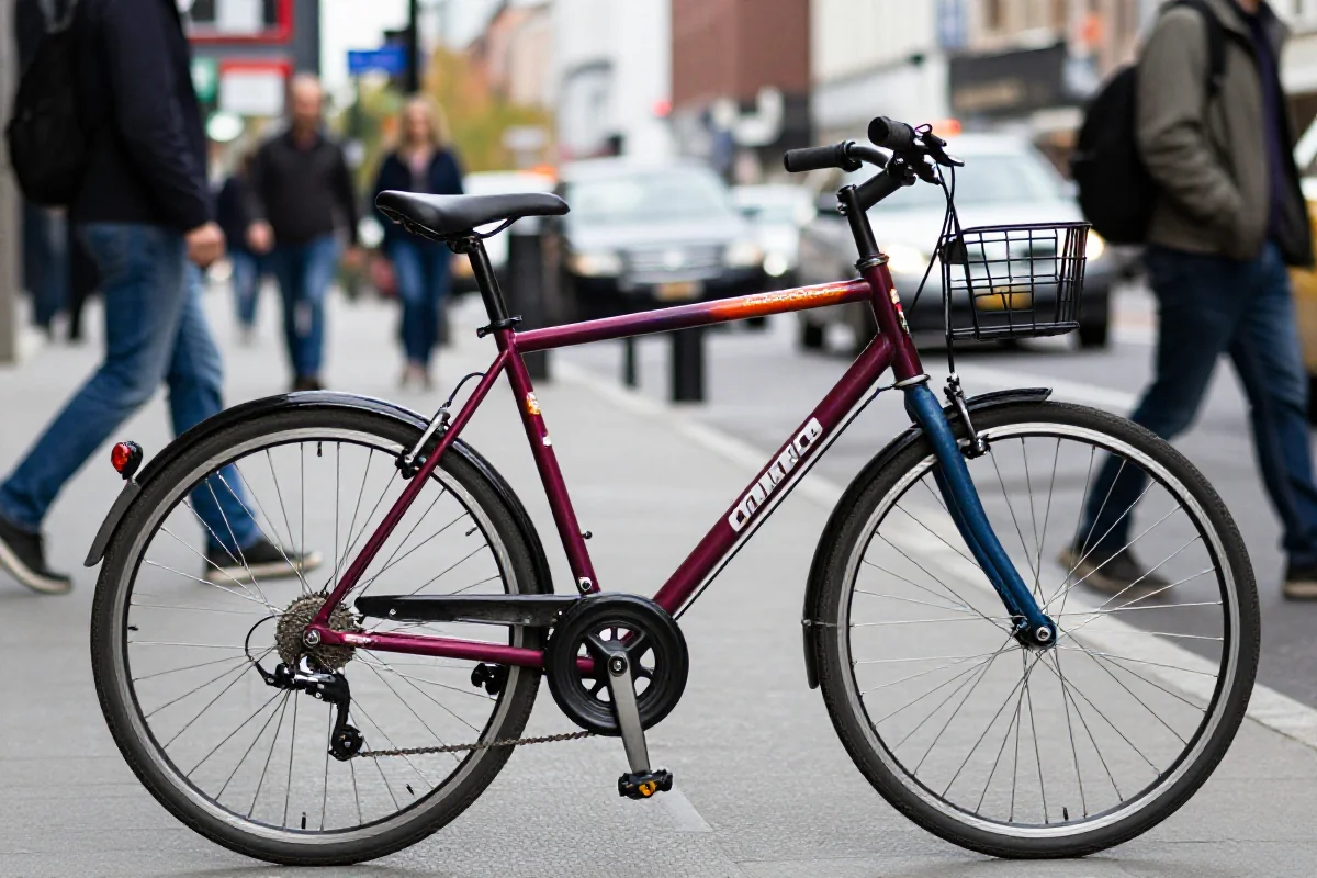 Rower miejski na ruchliwej ulicy, podkreślający psychologiczne bariery rowerzystów.
