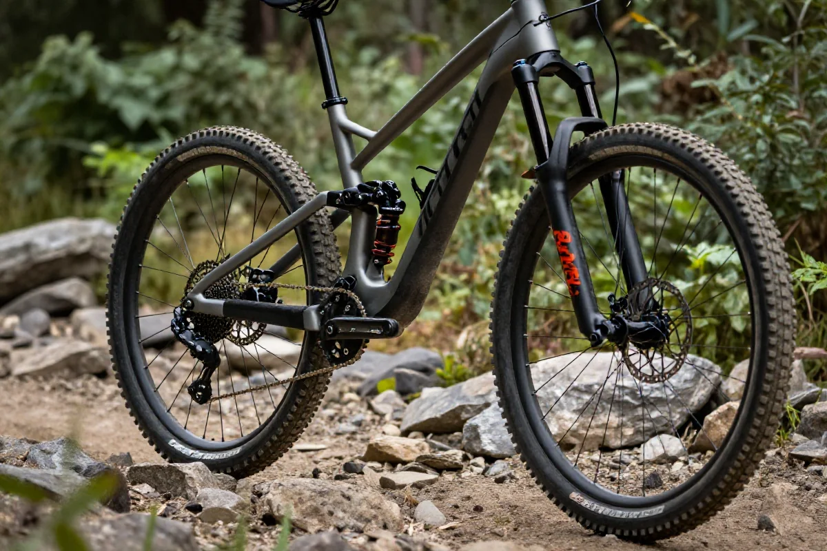 Bliska fotografia roweru górskiego na trudnej trasie w terenie.