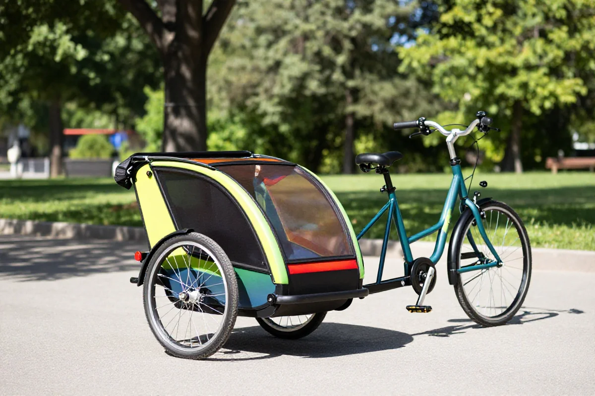 Przyczepa rowerowa w parku, idealna do przewożenia dzieci i bagażu.