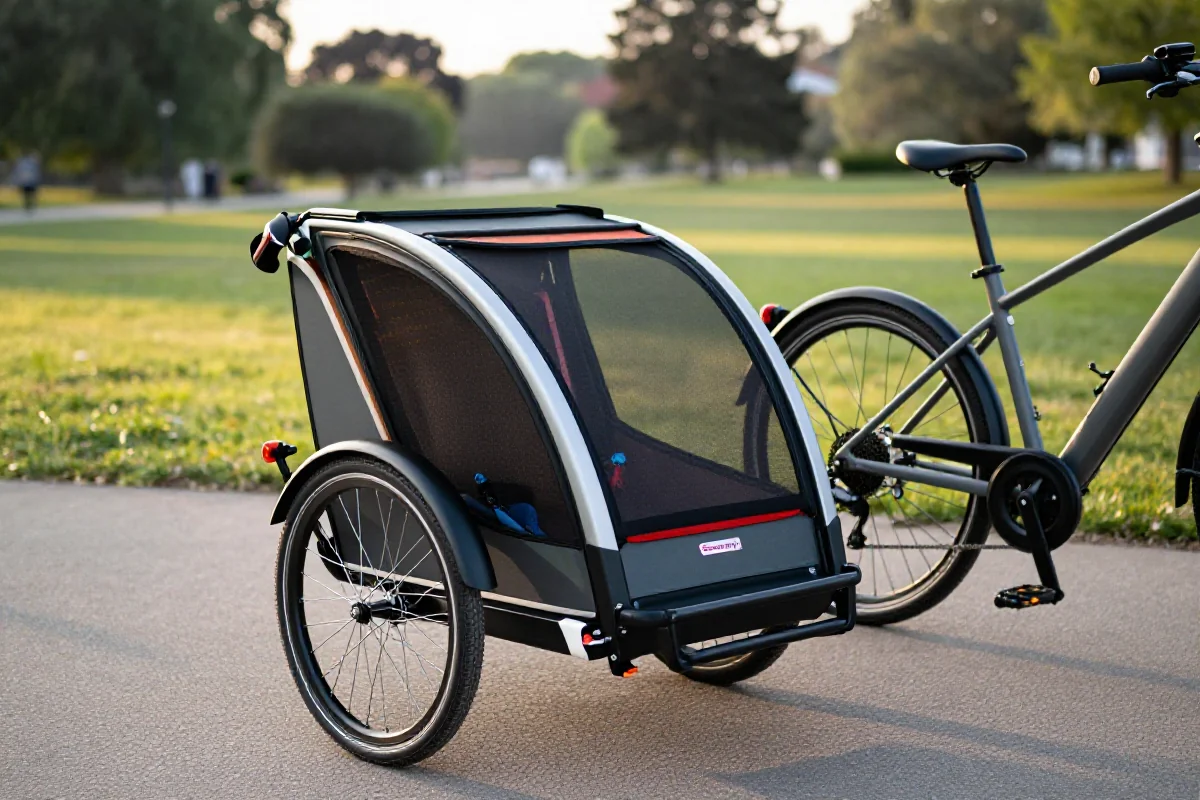 Przyczepka rowerowa do przewozu dzieci w parku, z elektrycznym rowerem.