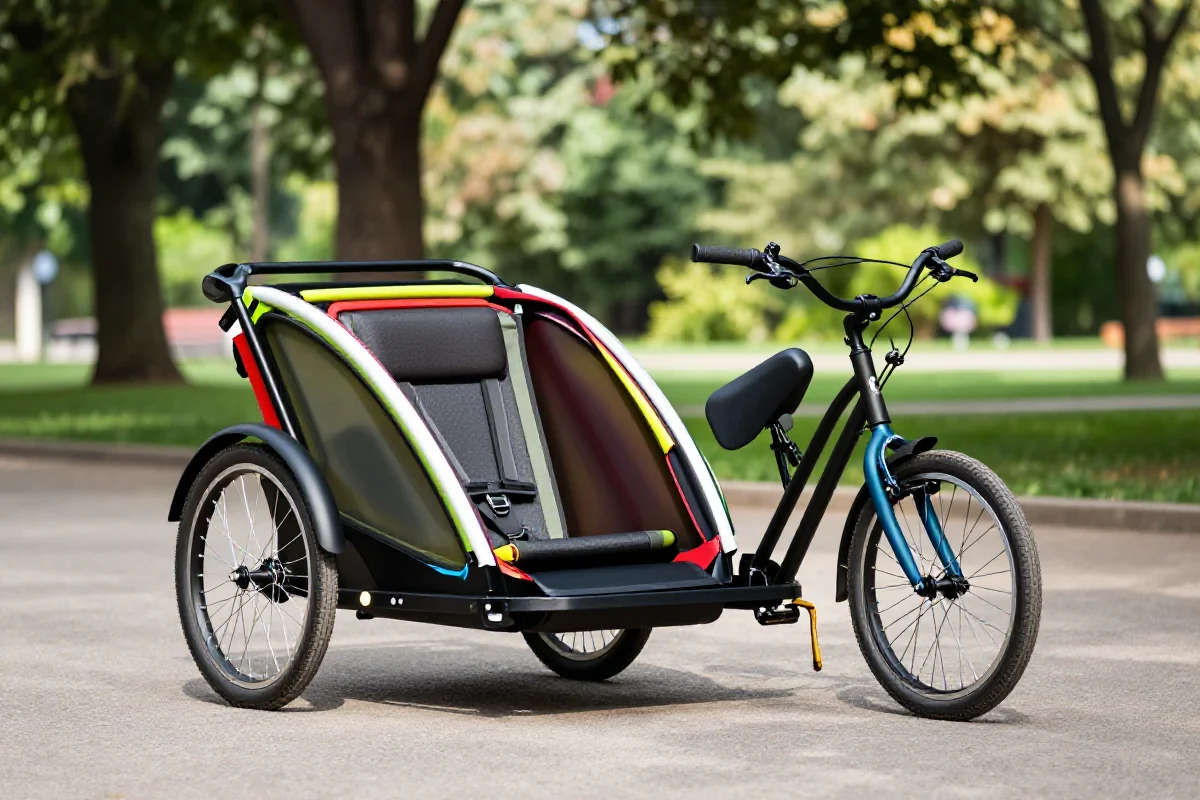Przyczepki rowerowe jedno i dwuosobowe w parku, idealne do transportu dzieci.