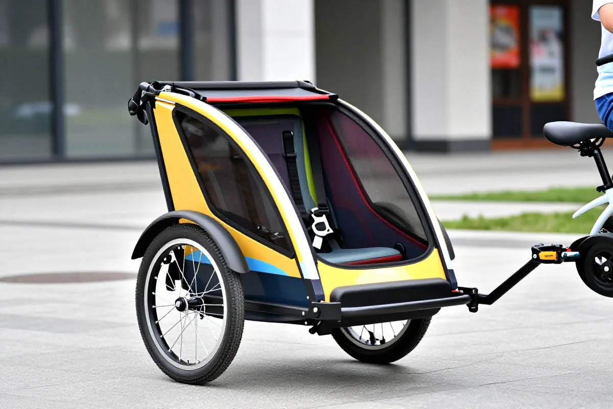 Przyczepa rowerowa dla dzieci w miejskim otoczeniu, zapewniająca bezpieczeństwo i komfort.