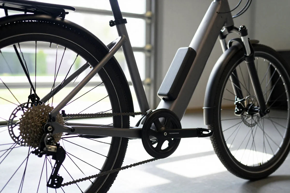Szczegóły komponentów roweru elektrycznego w dobrze oświetlonym garażu.