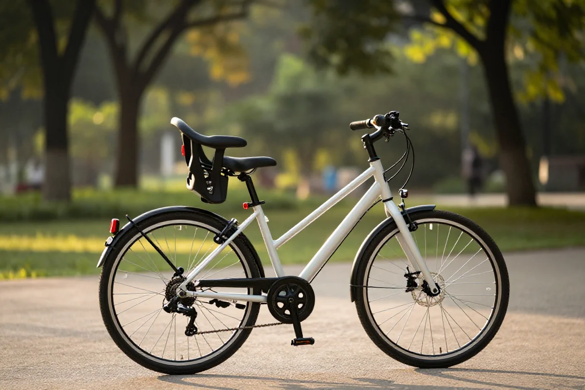 Rodzinny rower z fotelikiem dziecięcym, przygotowany do dłuższej trasy.