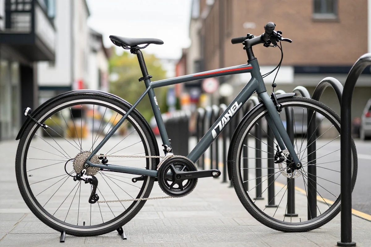 Rower miejski na stojaku w miejskim otoczeniu, idealny do dojazdów.