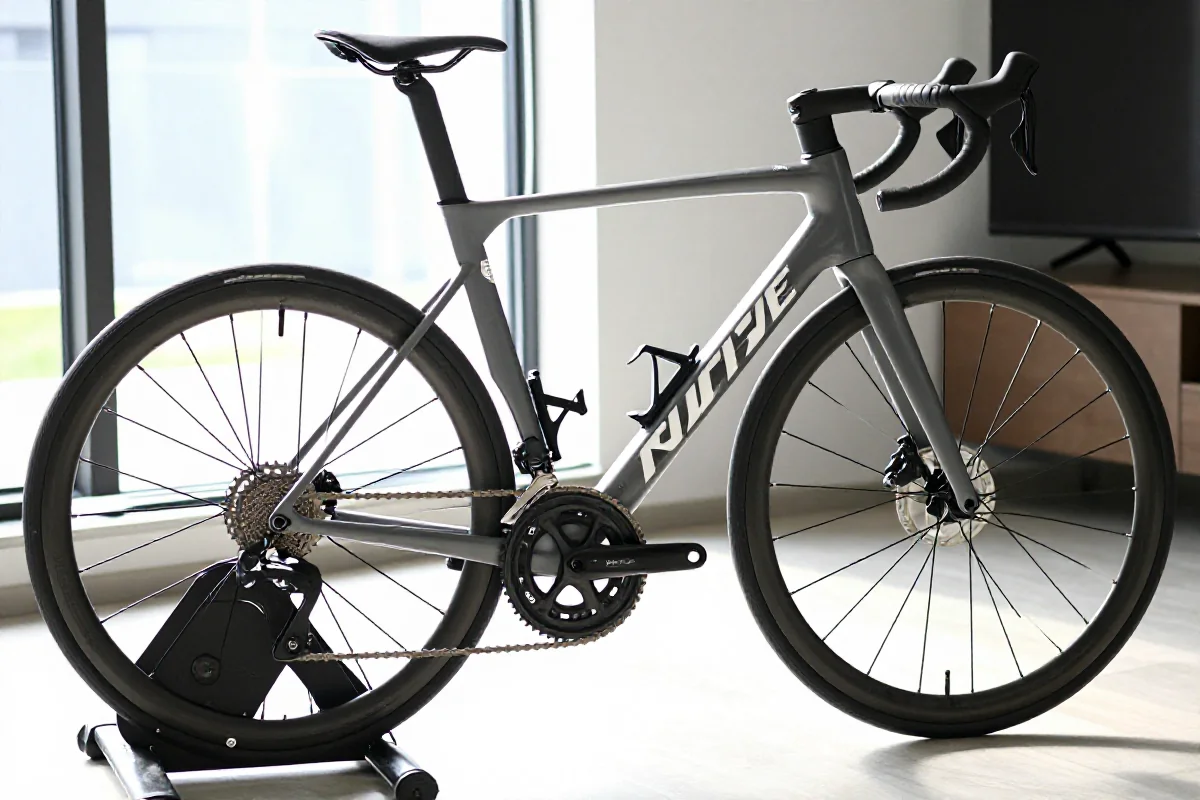 Rower szosowy na trenażerze w jasnym pomieszczeniu, gotowy do testu FTP.