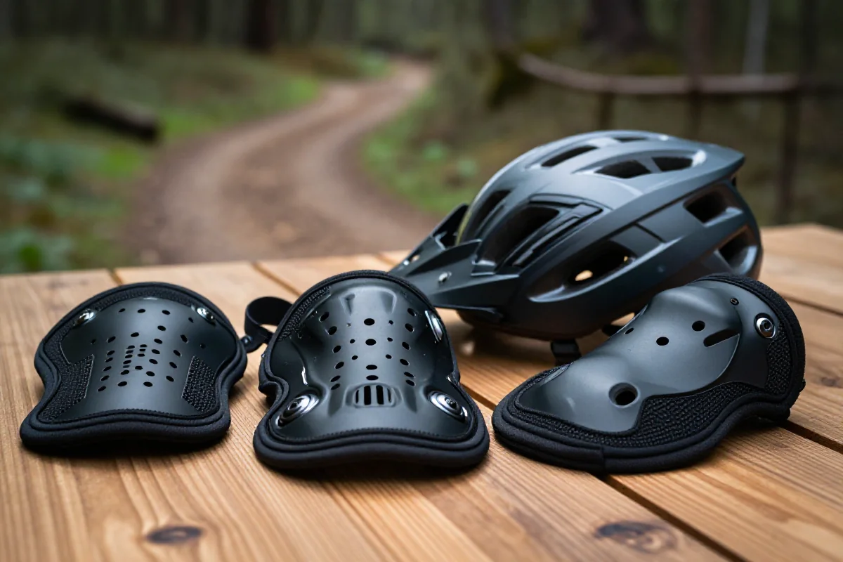 Kask i ochraniacze kolan oraz łokci na stole, przygotowania do jazdy MTB.