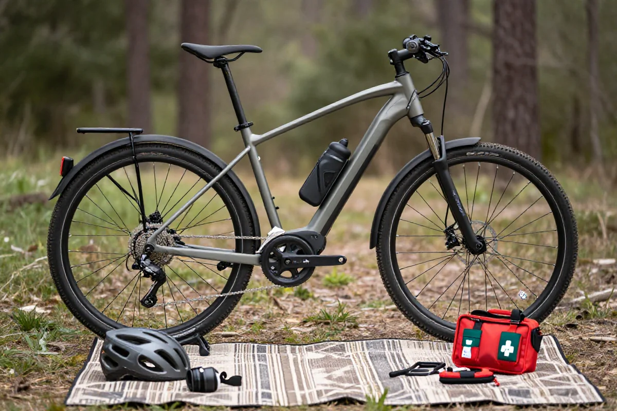 Przygotowanie do wyprawy rowerowej z e-bike, z niezbędnym wyposażeniem i akcesoriami.