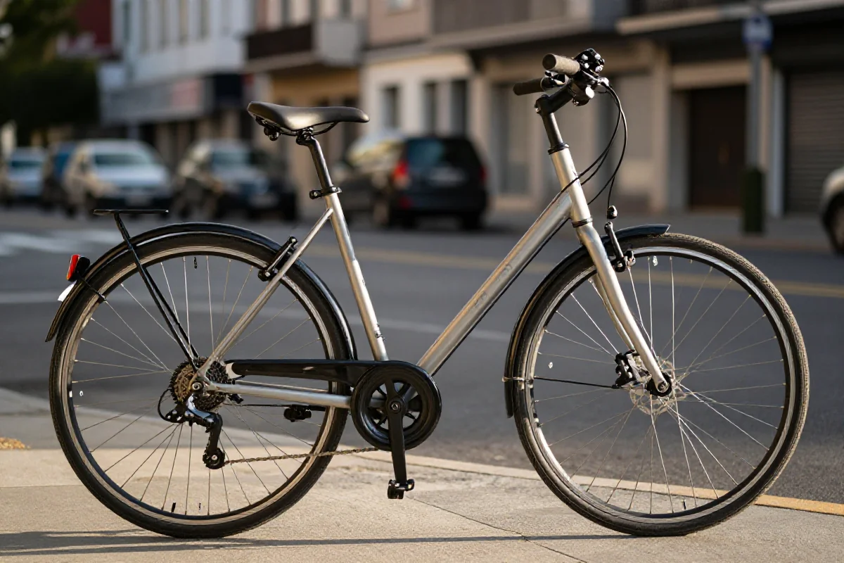 Rower miejski na tle ulicy, idealny do codziennych dojazdów.