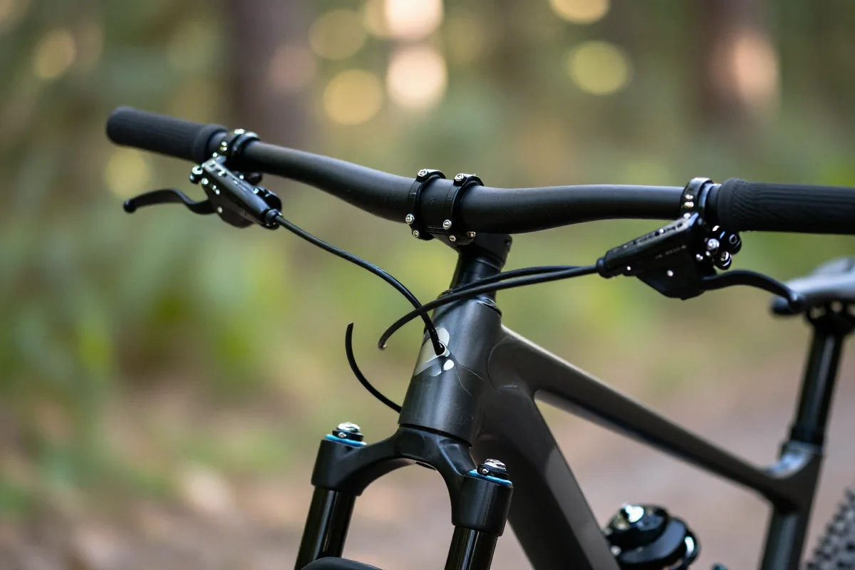 Szczegóły kolarstwa górskiego, skupienie na kierownicy i przerzutkach rowerowych.