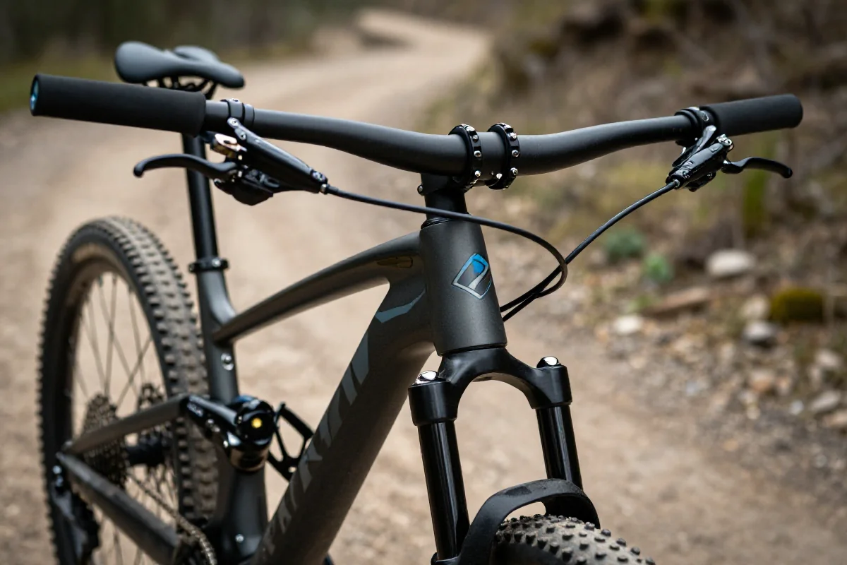Blisko zdjęcie kierownicy roweru górskiego z detalami technicznymi.