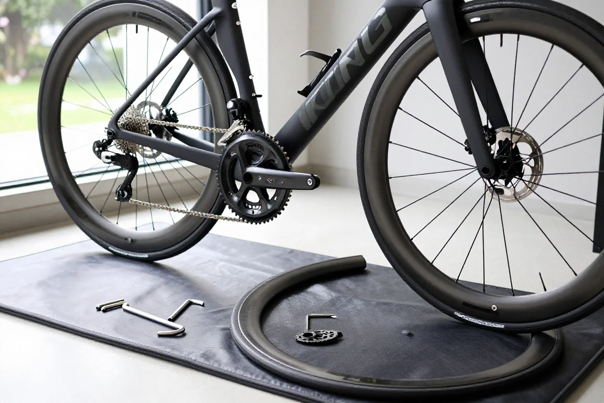 Rower szosowy rozłożony do transportu lotniczego, z ochroną i narzędziami.