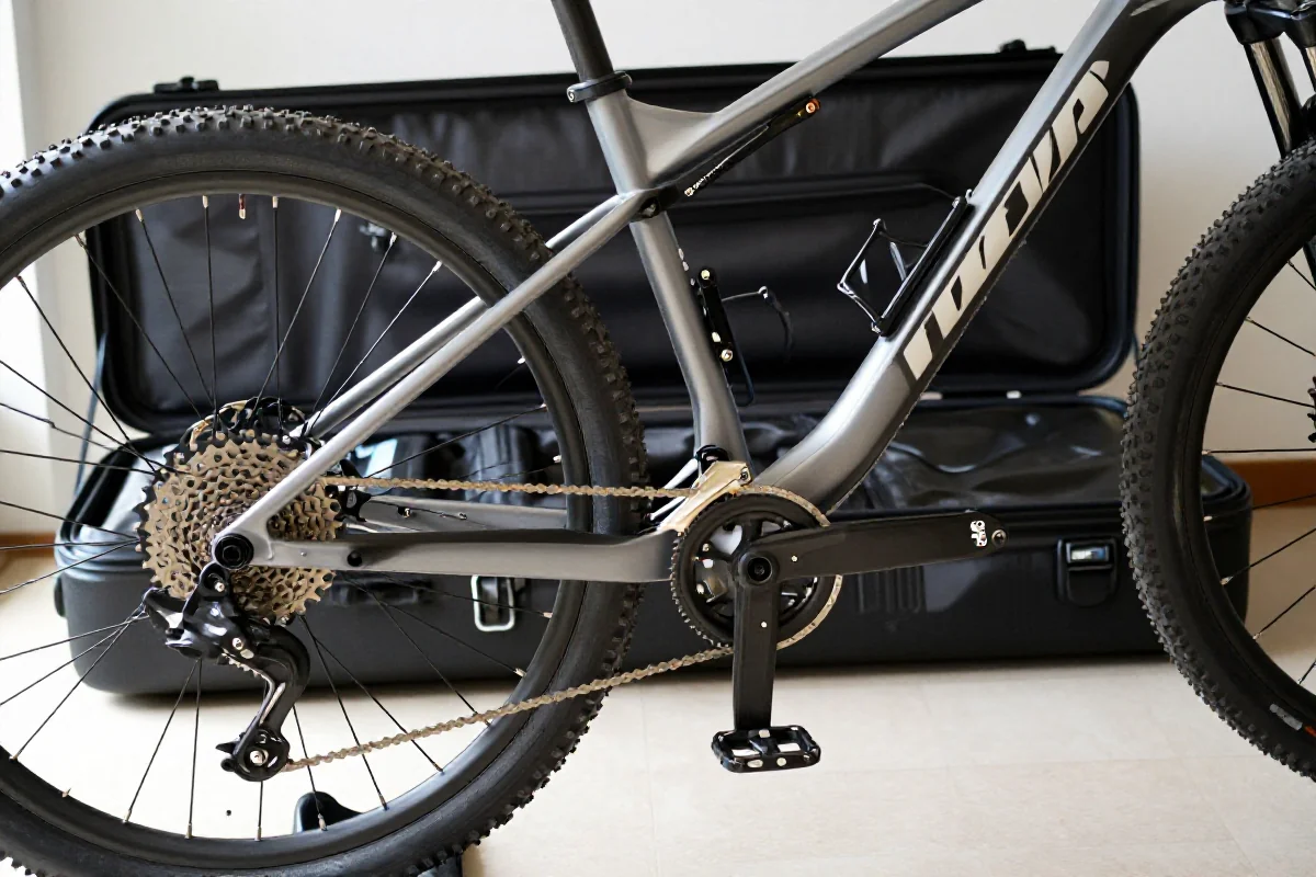 Rower MTB przygotowany do transportu lotniczego w walizce rowerowej.